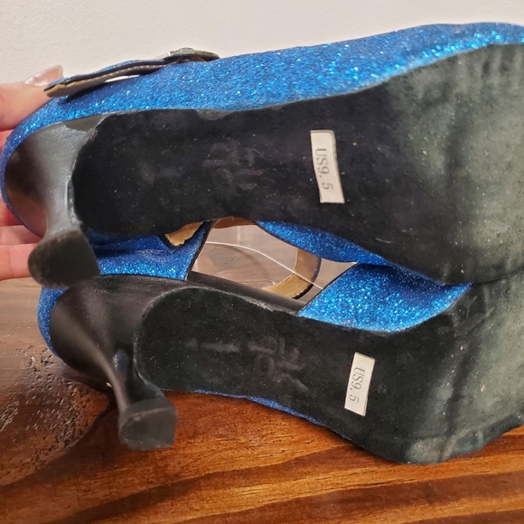 Burju Latin Dance Shoe Women's 9.5 Blue Glitter Sparkle Peep Toe Salsa - Picture 9 of 14